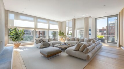 Fototapeta premium Light-filled living room with white blinds, soft grey seating, and wooden flooring.