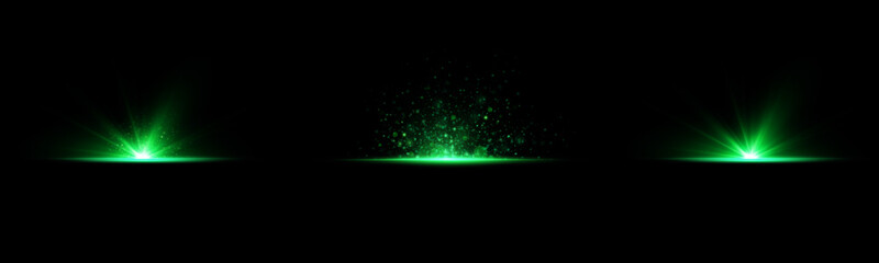 A set of light green reflection effects, neon lighting in green tones. Bright light lens. Police light effects, lines. Shiny stars, glowing sparks on a black background.