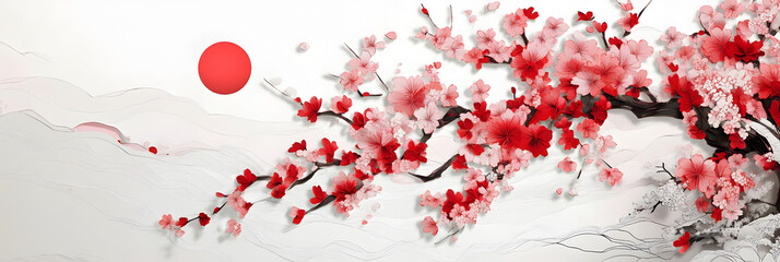 A serene landscape featuring cherry blossoms in bloom, a red sun, and soft mountains in the background, evoking tranquility and beauty.