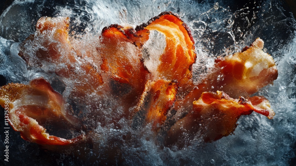 Poster crispy bacon splashing in water with dramatic high-speed effect