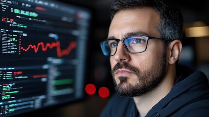 Close up of a serious looking businessman deeply focused on analyzing financial data and market trends displayed on the computer screen in front of him  He appears to be a financial trader