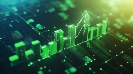 A futuristic digital visualization showcasing a green bar chart with an upward arrow, representing financial growth, success, and positive business trends. Ideal for financial and economic topics.. AI