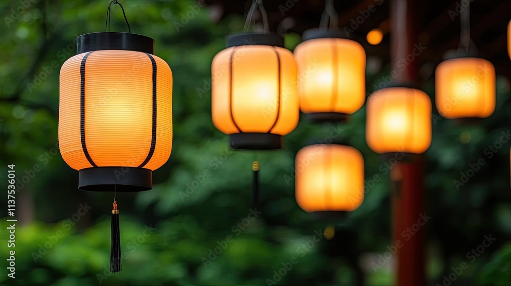 Poster chinese lanterns idea. beautiful glowing lanterns hanging in a serene garden at dusk.