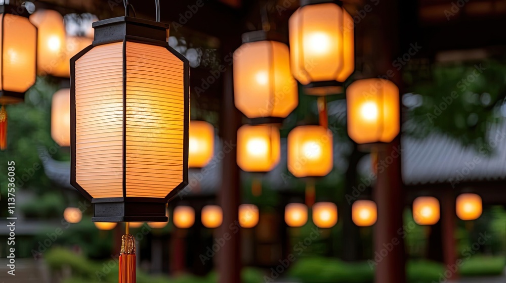 Aufkleber Chinese lanterns idea. Beautiful illuminated lanterns create a serene atmosphere in a tranquil garden setting.
