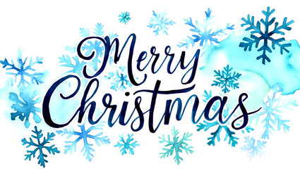 Winter Wonderland Watercolor Background with Snowflakes and Merry Christmas Calligraphy, Elegant and Luxurious Christmas Design. Blue Watercolor with Snowflakes. 1