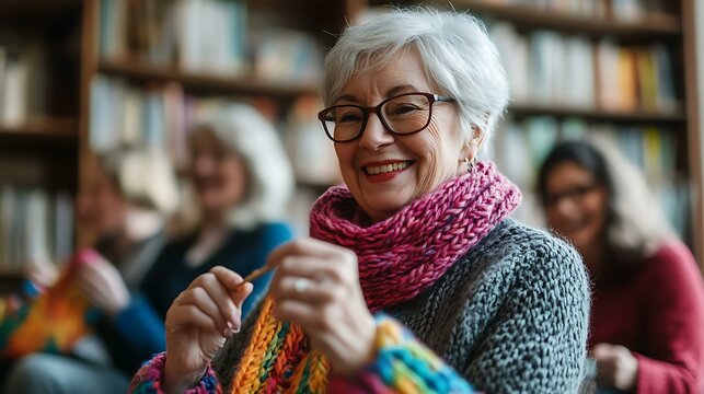 A senior woman knitting a colorful scarf during a group knitting circle in a library