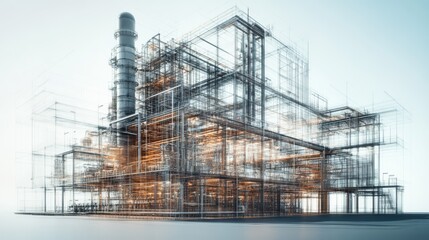 A complex digital wireframe rendering of an advanced industrial building, highlighting intricate details of its structure. The transparent design showcases futuristic architecture in an industrial