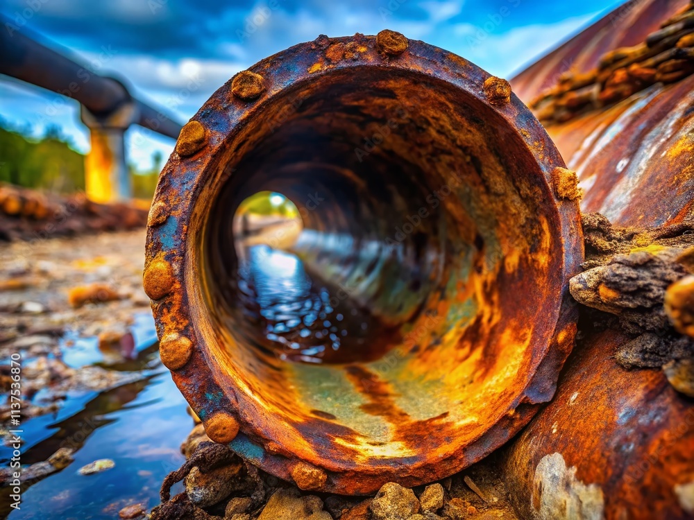 Poster long exposure of a rusted old sewer line creating an abstract background, highlighting textures and 