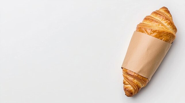 A photostock of freshly baked croissant wrapped in brown paper, isolated on a white background, highlighting artisanal bakery themes, High Quality