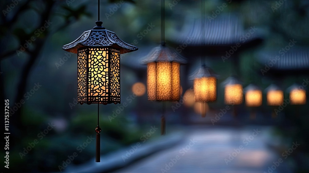 Aufkleber Chinese lanterns idea. Beautiful lanterns illuminate a tranquil path, creating a serene atmosphere at dusk.