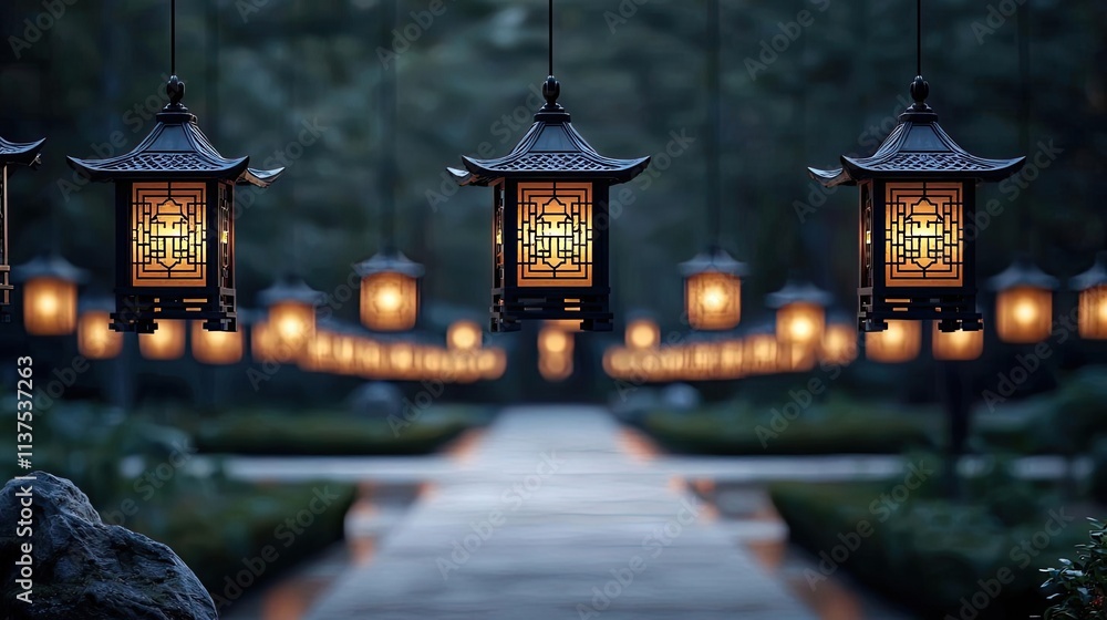Poster Chinese lanterns idea. Serene pathway illuminated by lanterns in a tranquil garden setting at dusk.