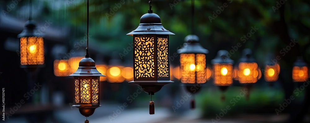 Poster chinese lanterns idea. beautifully illuminated lanterns hanging in a serene outdoor setting at dusk.