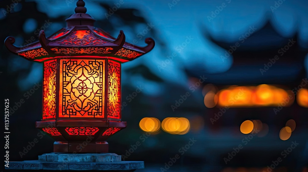 Poster chinese lanterns idea. a vibrant red lantern illuminating a serene evening scene in a traditional se