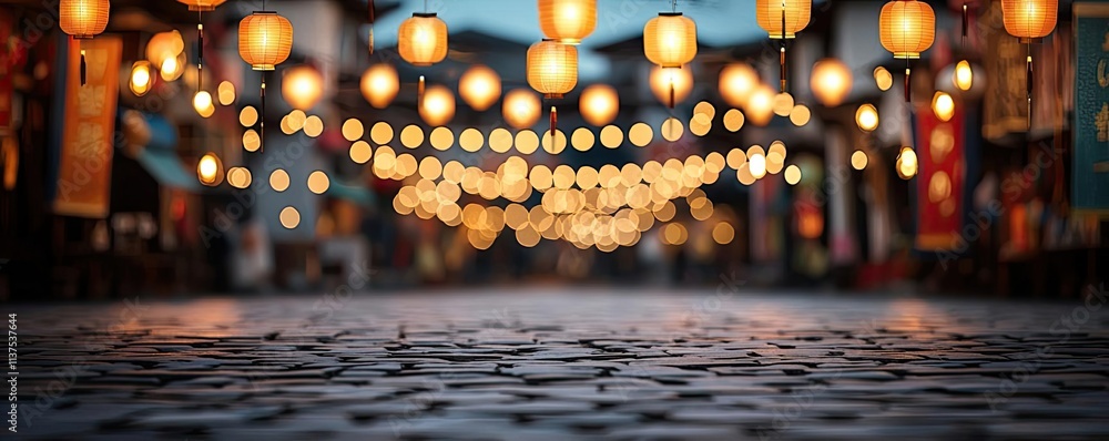 Aufkleber chinese lanterns idea. a serene night scene with glowing lanterns illuminating a cobblestone path.