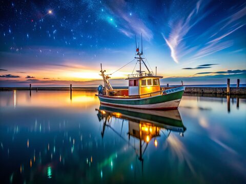 Long Exposure Photography: Carrelet Fouras, Coastal France, Night, Lights, Sea,  Fishing Boat, Harbor, Dramatic Sky, Starry Night,  France Travel, Atlantic Ocean
