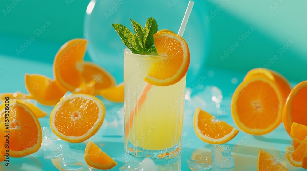Poster Refreshing Citrus Drink with Orange Slices and Mint Garnish