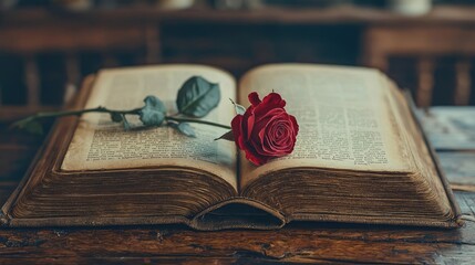 Valentine rose concept. A vintage book with a red rose symbolizing love and knowledge on a wooden table.