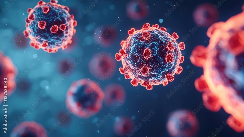 Poster cancer cells idea. detailed visualization of virus particles in a microscopic view.