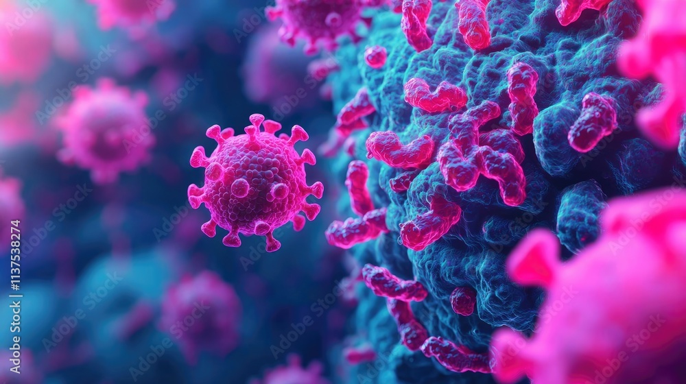 Poster cancer cells idea. colorful microscopic view of viruses in detail showcasing intricate structures.