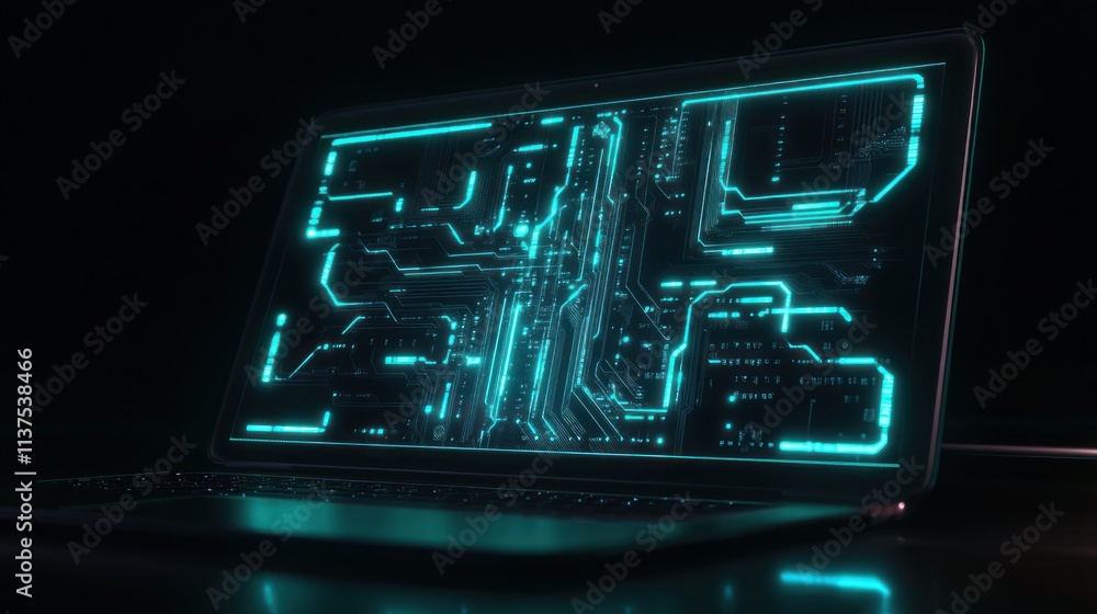 Poster futuristic laptop displaying glowing circuit design