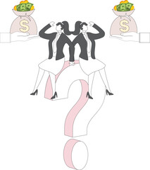 Investment problems and questions, investment forecasts and uncertainties, isometric two hands holding gold coins on the question mark and the businesswoman sitting on the question mark