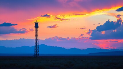 Obraz premium Captivating Sunset Over Mountain Range with Communication Tower
