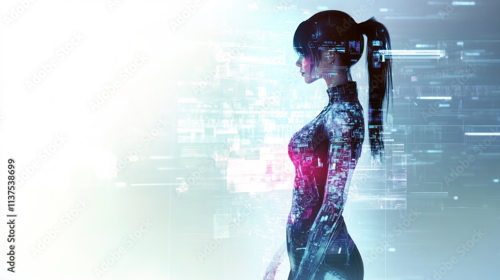 Poster futuristic silhouette with digital elements and data overlay