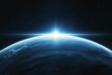 planet's horizon from space. The planet is dark blue with subtle textural details suggesting a rocky or icy surface.