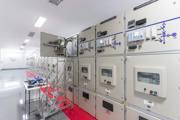 Interior of electrical room. Main operator station network and circuit center in industry factory manufacturing system.
