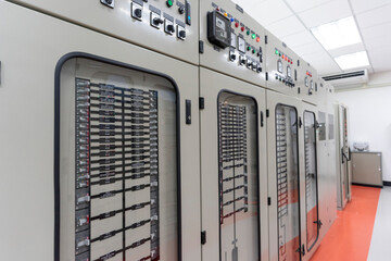 Interior of electrical room. Main operator station network and circuit center in industry factory...