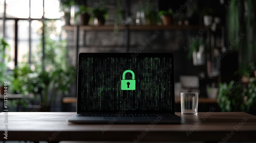 Poster laptop displaying lock symbol on matrix background