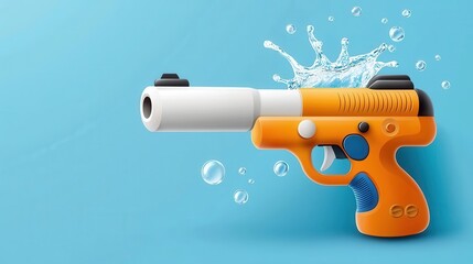 Vibrant Orange and Blue Squirt Gun Toy Spraying Water against Turquoise Background   Concept of Playful Summer Fun Childhood Adventure and Water Based Activity and Entertainment