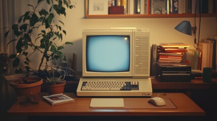 Retro computer on wooden desk with plants and books.