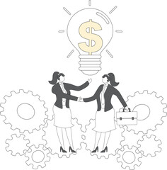 Creativity and teamwork, business integration, creative collaboration helps business people solve problems together and win success, isometric two business people standing on the gears of creativity s