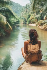 Fototapeta premium River scenery with seated woman