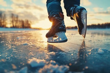 Person skating on frozen lake at sunset