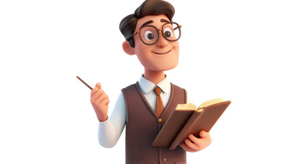 A friendly male teacher holding a book and a pen, ready to engage with his students in a bright classroom setting.