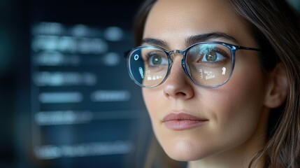 Thoughtful female professional in eyeglasses gazing intently at computer screen deep in thought and analysis showing confidence determination