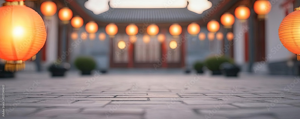 Poster chinese lanterns idea. a tranquil scene with glowing lanterns illuminating a peaceful courtyard.