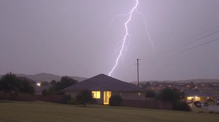 Lightning Strike over Suburban House at Night