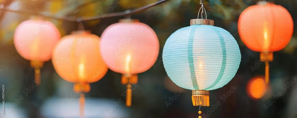 Poster chinese lanterns idea. beautiful chinese lanterns glowing softly in the evening light, creating a fe