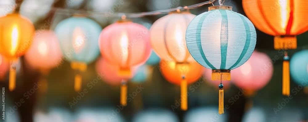 Poster chinese lanterns idea. colorful lanterns glowing softly, creating a festive and inviting atmosphere.
