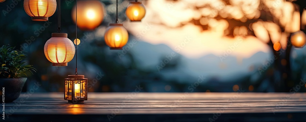 Aufkleber Chinese lanterns idea. Charming lanterns glowing softly at sunset, creating a warm and inviting atmosphere.