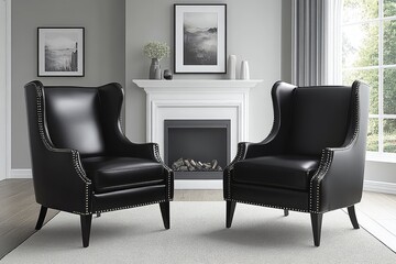 Modern faux leather wingback chairs with black legs and brass nailhead trim, set of two, in elegant living room with grey walls, white fireplace, and framed art.