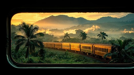 Train Journey Through Tropical Fields at Sunrise