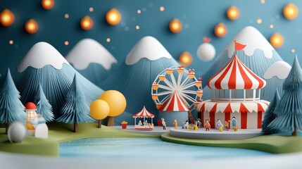 Fototapeta premium Enchanting winter landscape with snowy mountains evergreen forests and a festive carnival featuring a towering ferris wheel colorful circus tents and other whimsical attractions