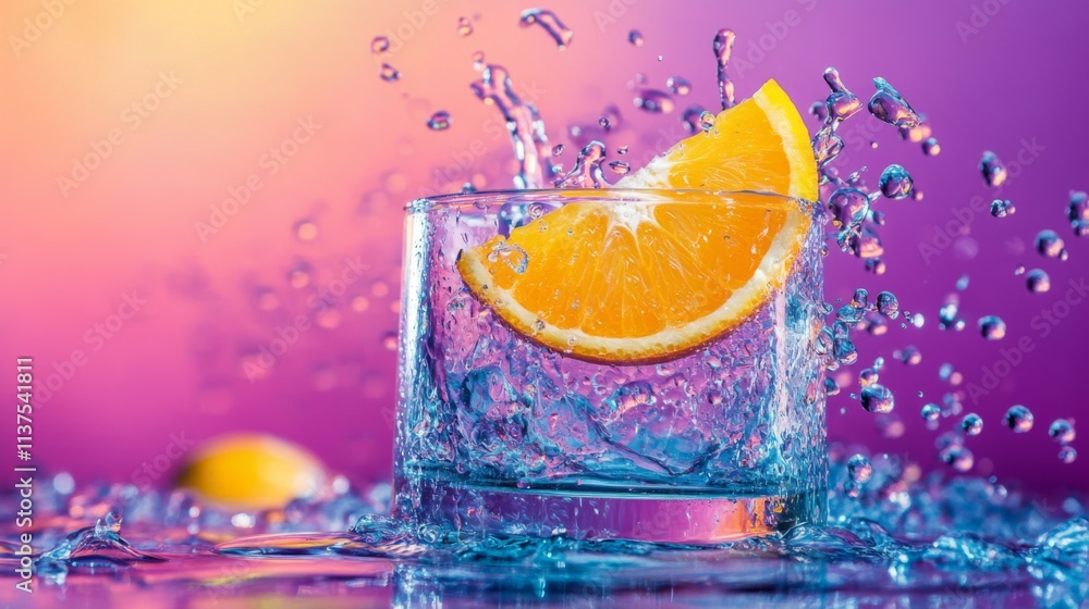 Poster Refreshing Glass of Water with Orange Slice and Splashing Drops