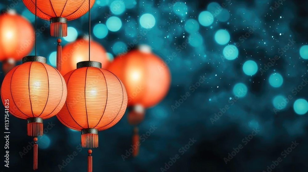 Poster chinese lanterns idea. beautiful red lanterns glowing against a captivating blue bokeh background.