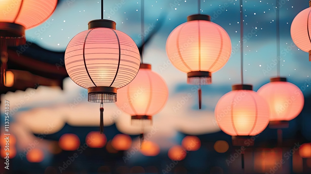 Poster chinese lanterns idea. beautiful pink lanterns glowing at dusk, creating a serene festive atmosphere