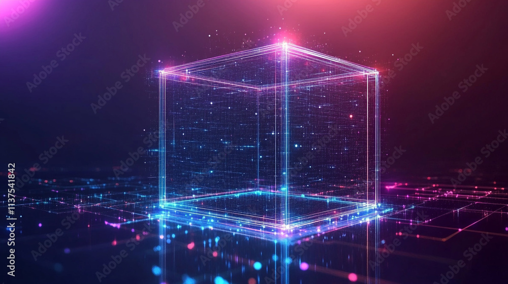 Poster futuristic digital grid with glowing cubes and interconnected lines, blockchain technologies: digita